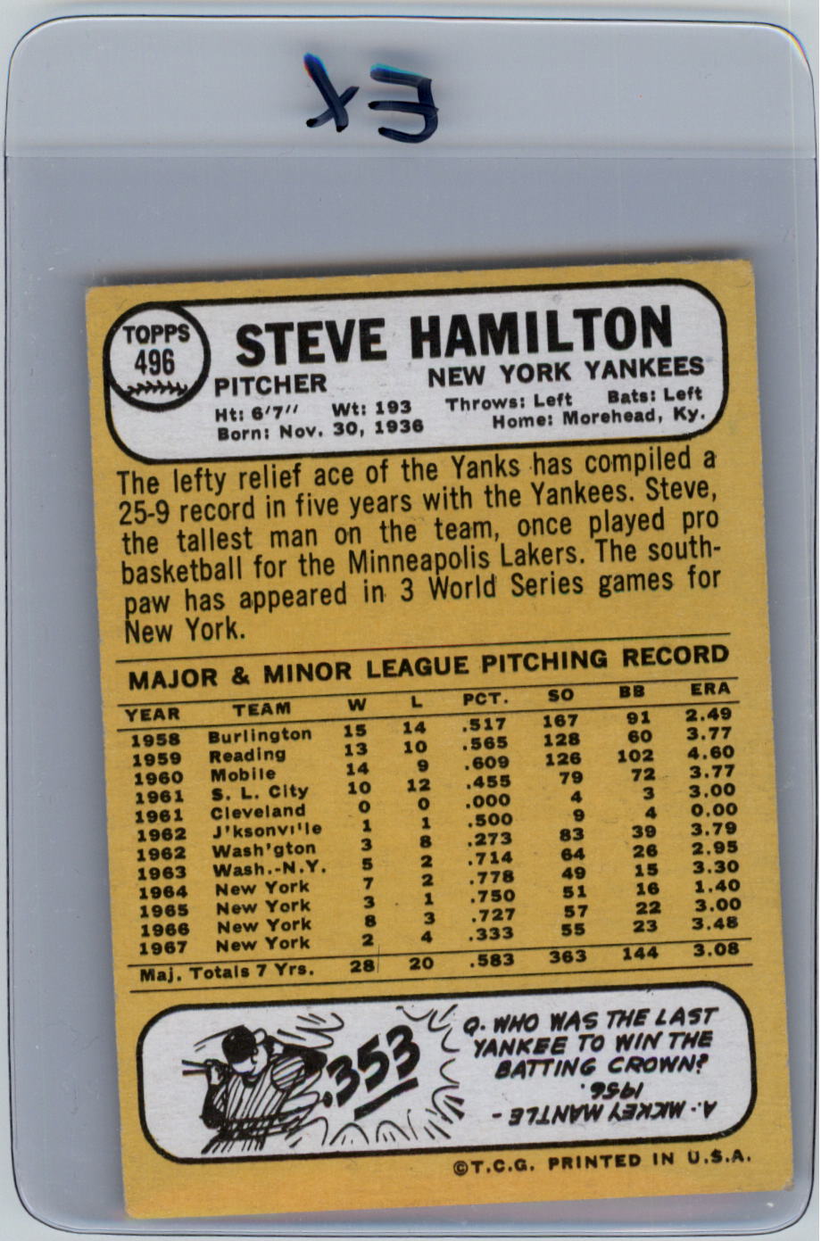1968 Topps #496 Steve Hamilton back image