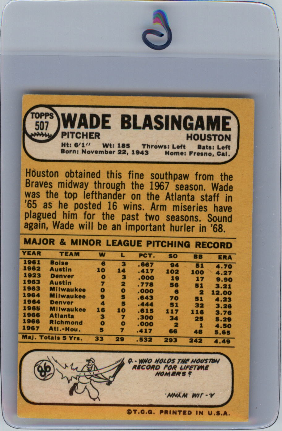 1968 Topps #507 Wade Blasingame back image