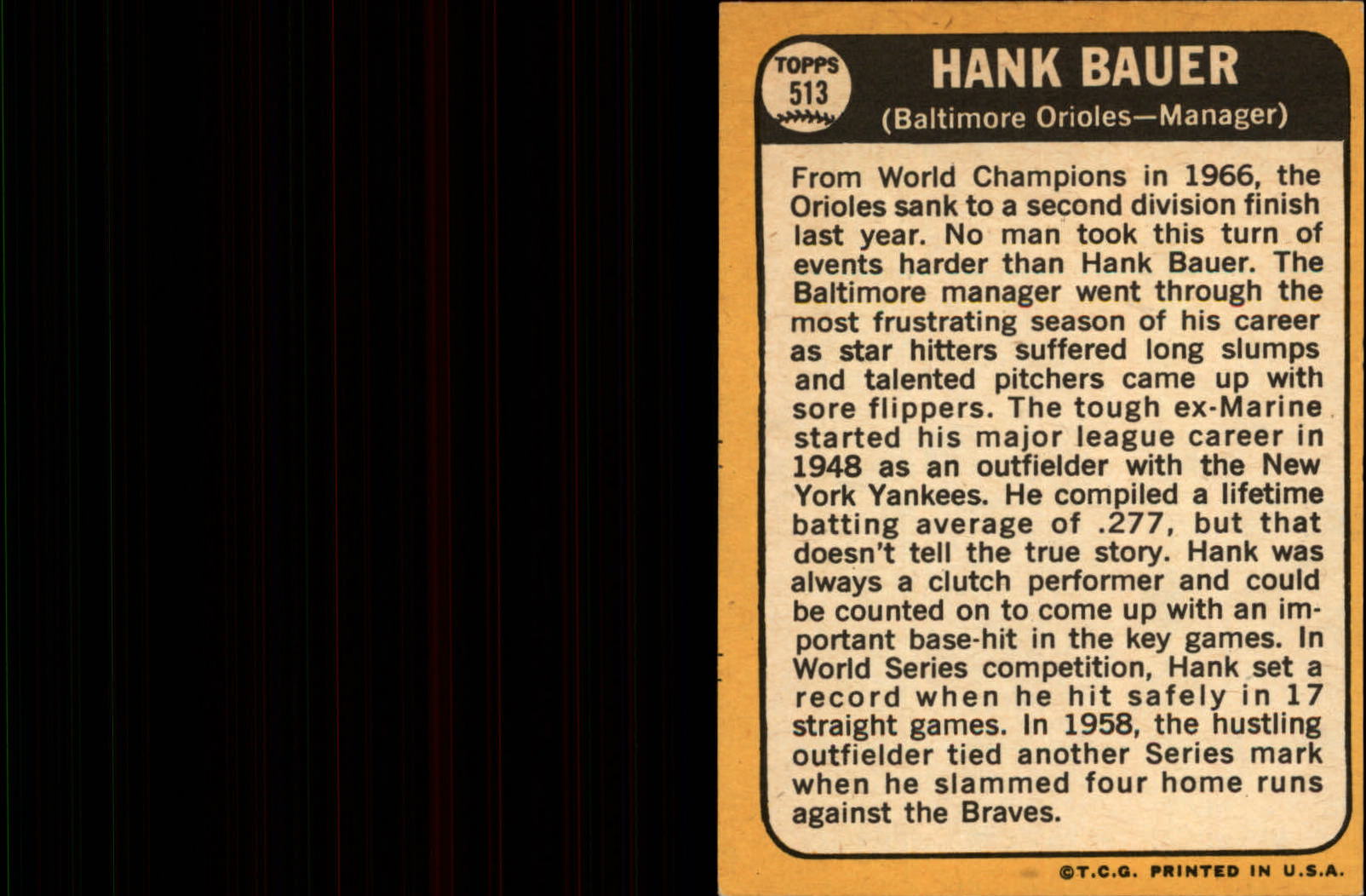 1968 Topps #513 Hank Bauer MG back image