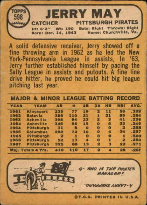 1968 Topps #598 Jerry May back image