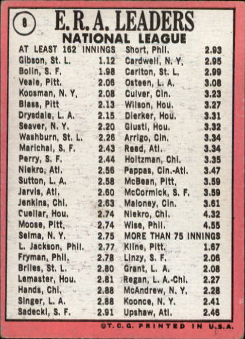 1969 Topps #8 NL ERA Leaders/Bob Gibson/Bobby Bolin/Bob Veale back image