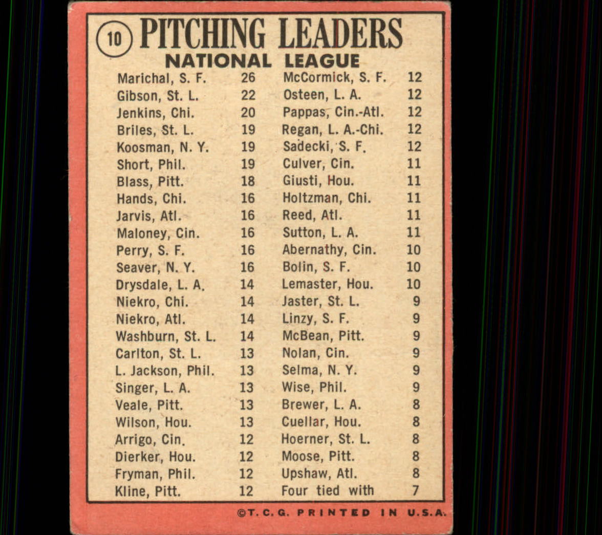 1969 Topps #10 NL Pitching Leaders/Juan Marichal/Bob Gibson/Fergie Jenkins back image