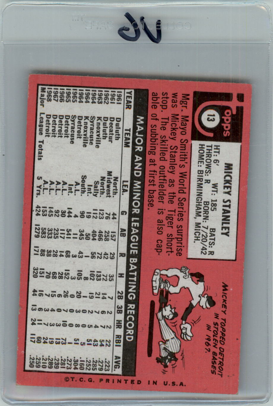 1969 Topps #13 Mickey Stanley back image