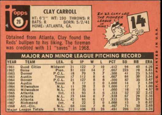 1969 Topps #26 Clay Carroll back image