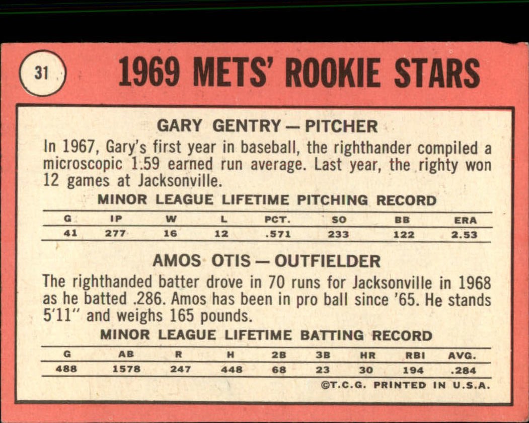 1969 Topps #31 Rookie Stars/Gary Gentry RC/Amos Otis RC back image