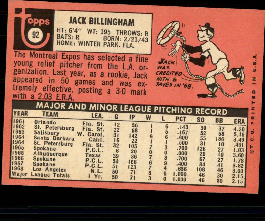1969 Topps #92 Jack Billingham back image