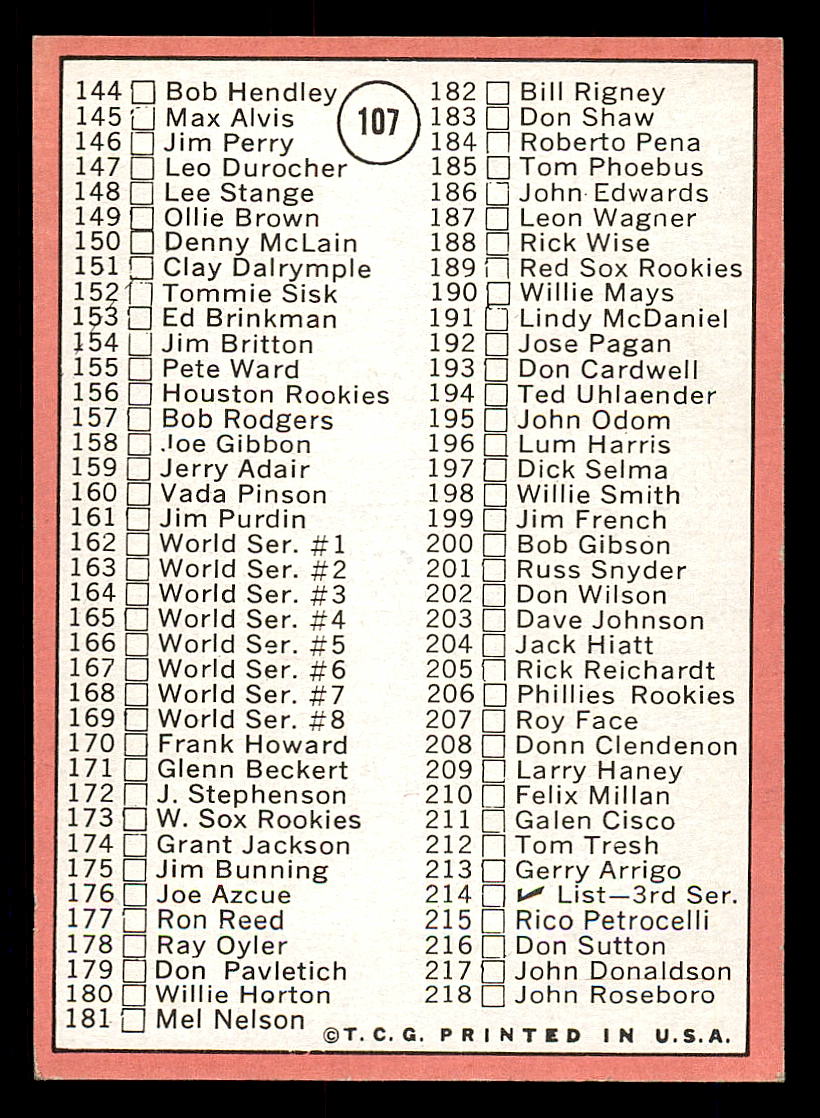 1969 Topps #107A Checklist 2 ERR/Bob Gibson/161 Jim Purdin back image