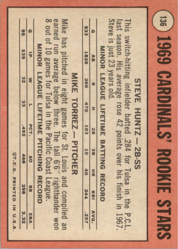 1969 Topps #136 Rookie Stars/Steve Huntz RC/Mike Torrez back image
