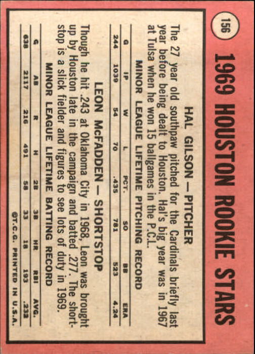 1969 Topps #156 Rookie Stars/Hal Gilson/Leon McFadden RC back image