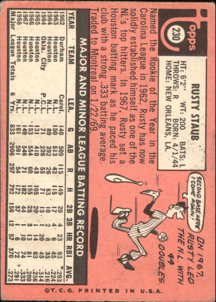 1969 Topps #230 Rusty Staub UER/For 1966 stats, Houston spelled Huoston back image