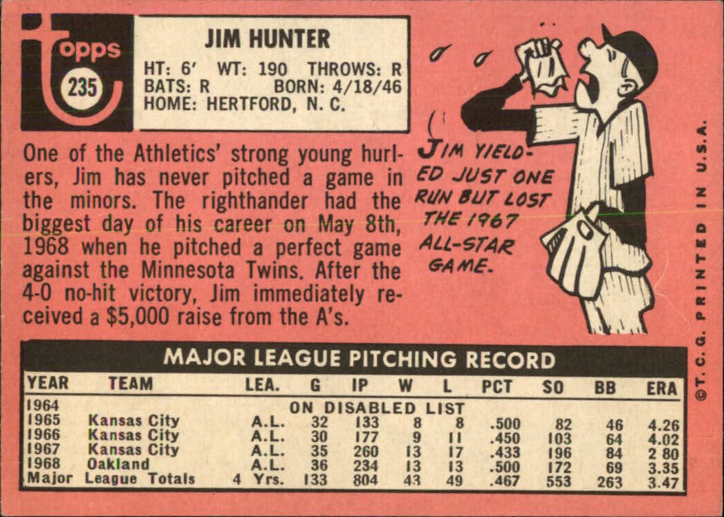1969 Topps #235 Jim Hunter back image
