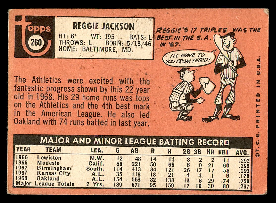 1969 Topps #260 Reggie Jackson RC back image