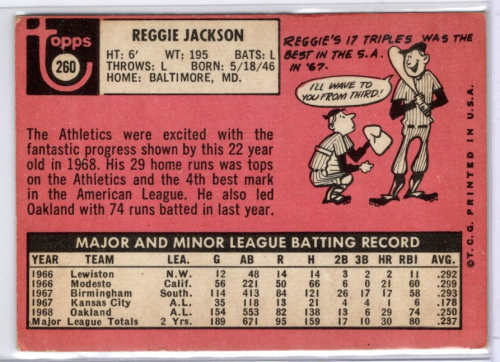 1969 Topps #260 Reggie Jackson RC back image