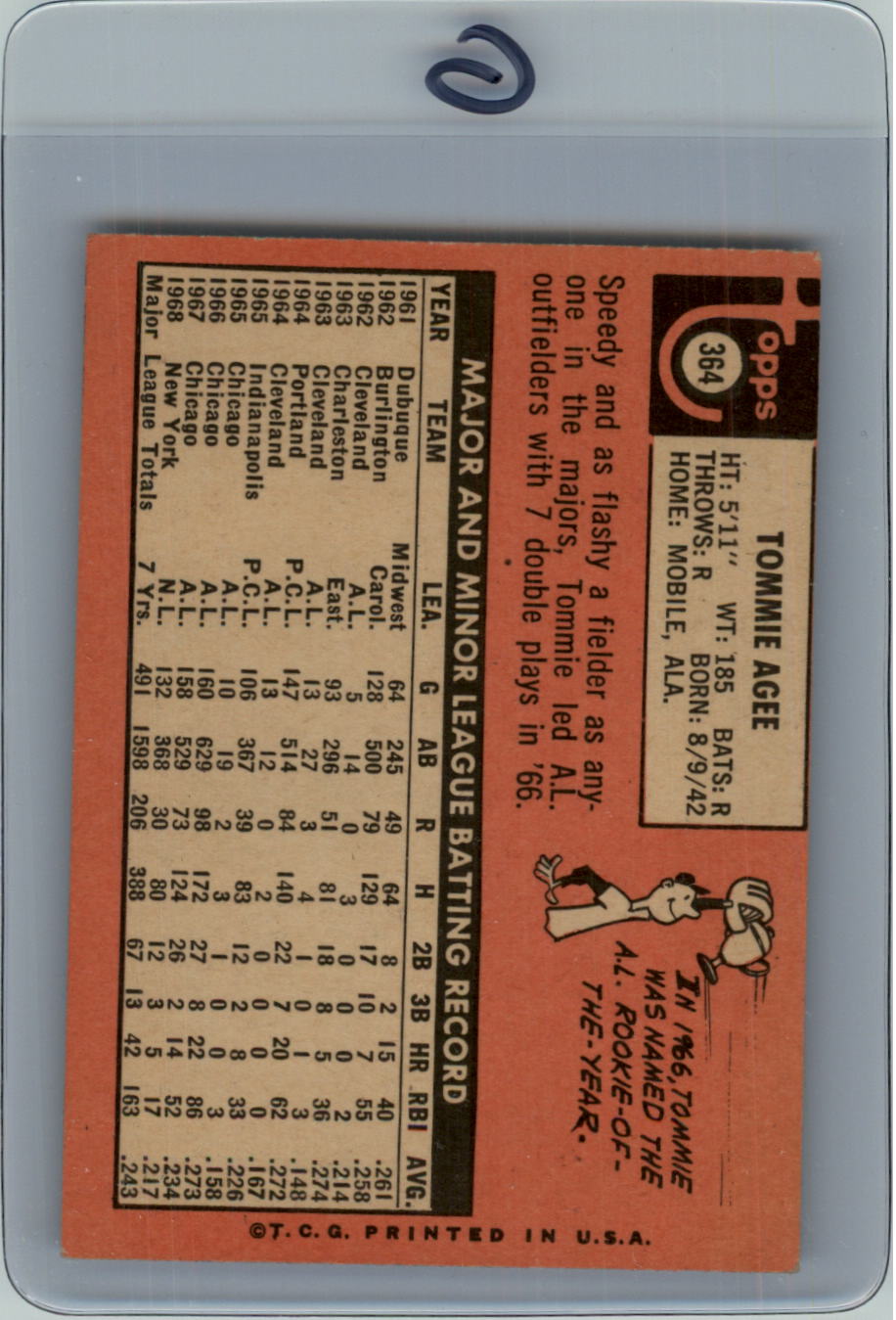 1969 Topps #364 Tommie Agee back image