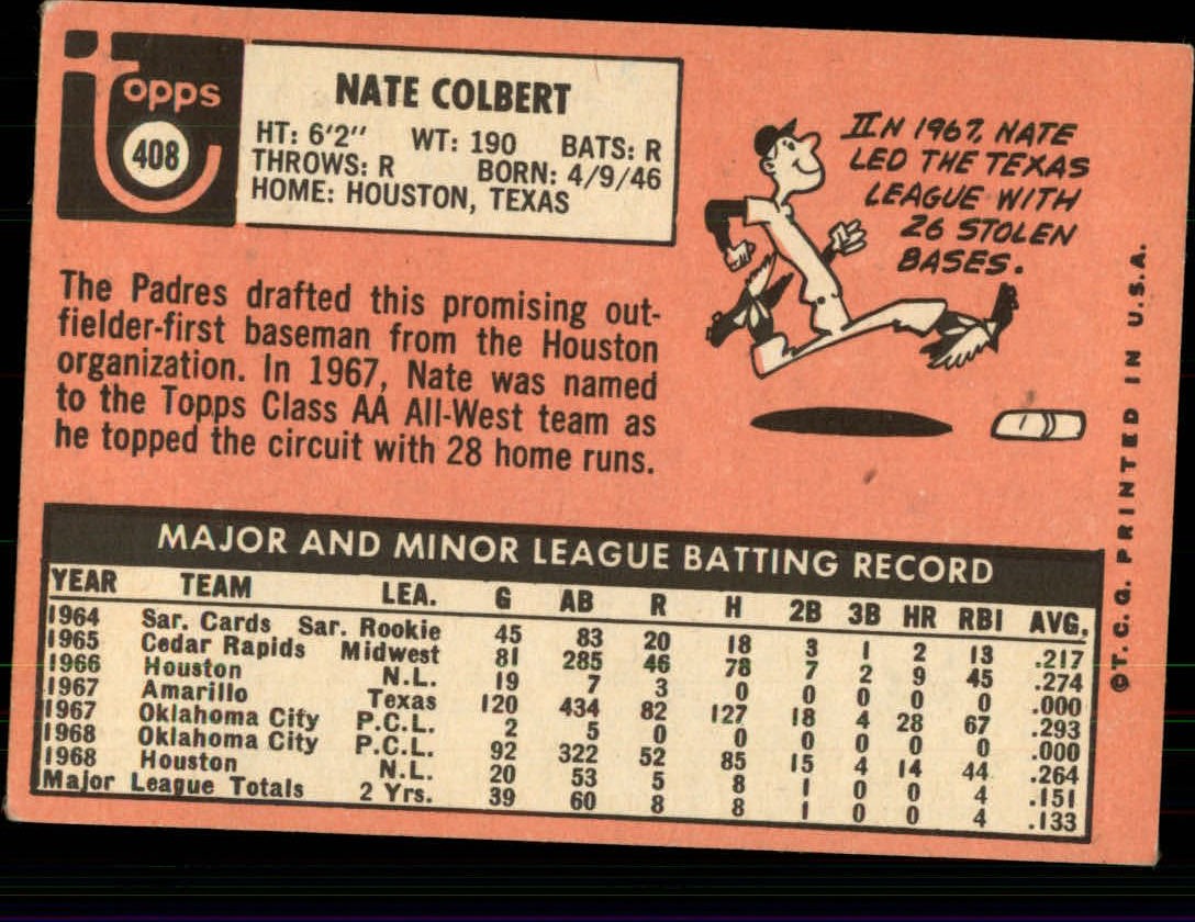 1969 Topps #408 Nate Colbert back image