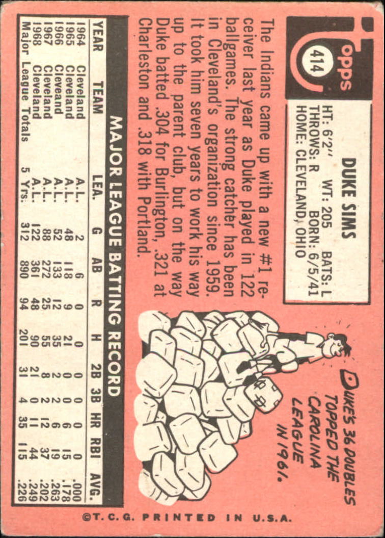 1969 Topps #414 Duke Sims back image