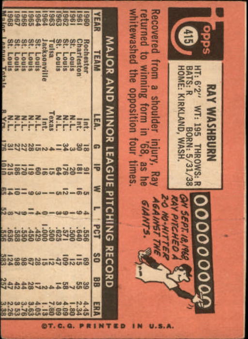 1969 Topps St. Louis Cardinals Baseball Card #415 Ray Washburn - FAIR | eBay