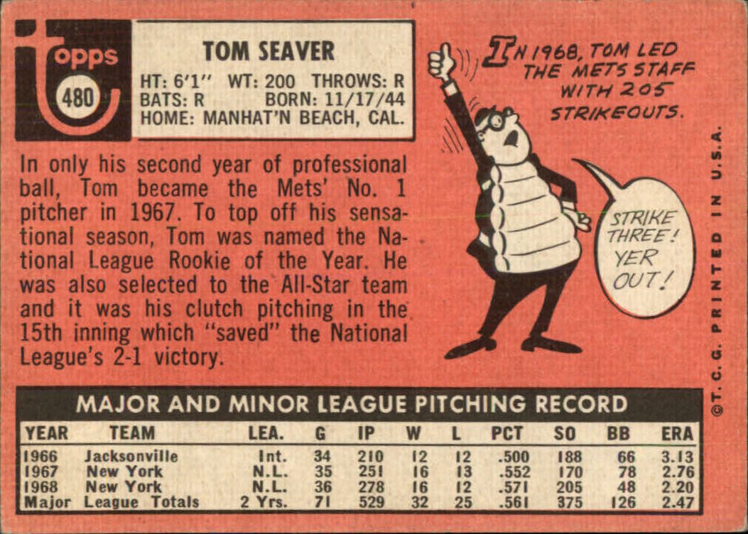 1969 Topps # 480 Tom Seaver New York Mets (Baseball Card) GOOD Mets