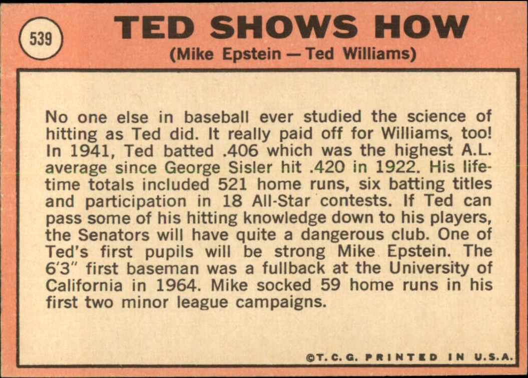 1969 Topps #539 Ted Shows How/Mike Epstein/Ted Williams MG back image
