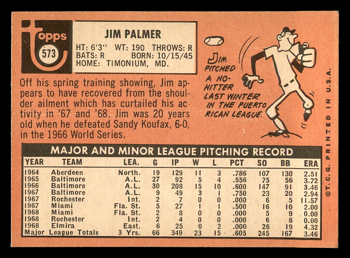 1969 Topps #573 Jim Palmer back image