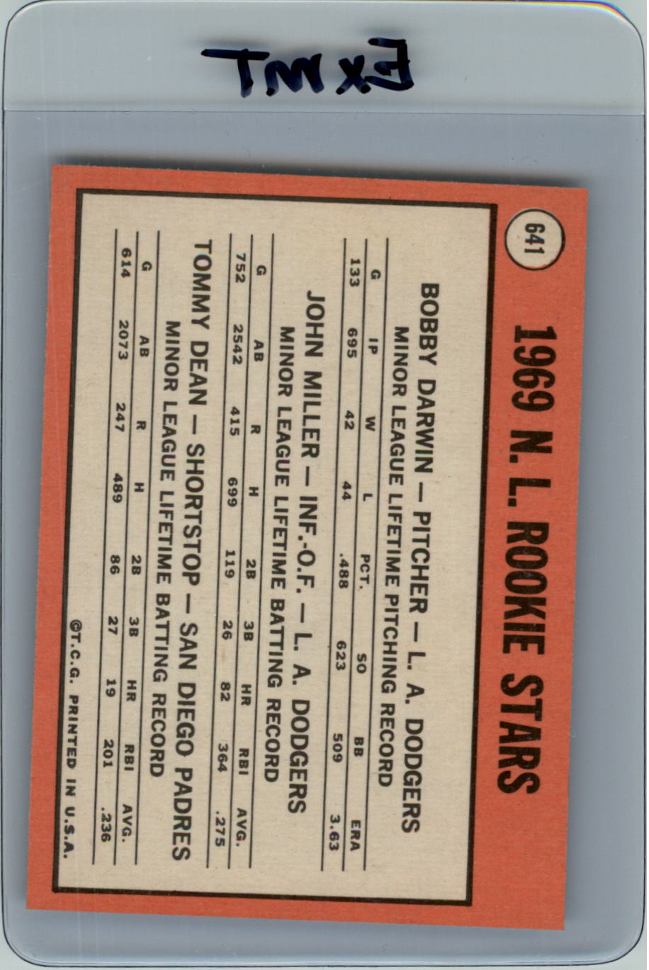 1969 Topps #641 Rookie Stars/Bobby Darwin RC/John Miller/Tommy Dean RC back image