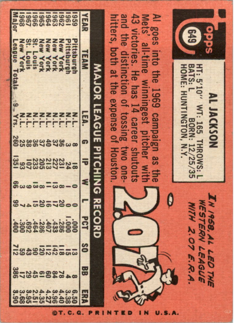1969 Topps #649 Al Jackson back image