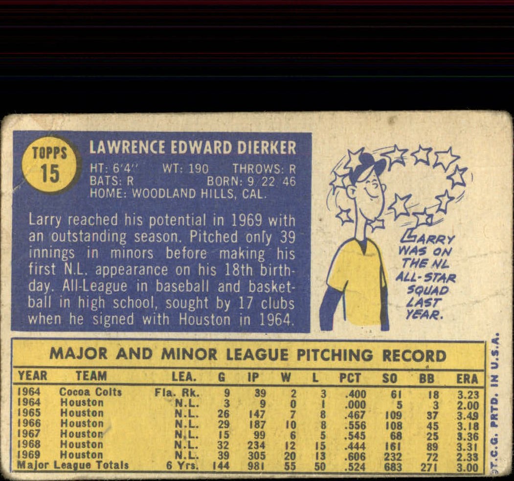 1970 Topps #15 Larry Dierker back image