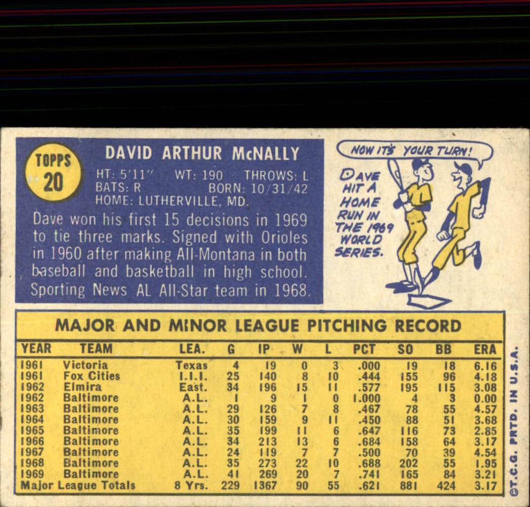 1970 Topps #20 Dave McNally back image