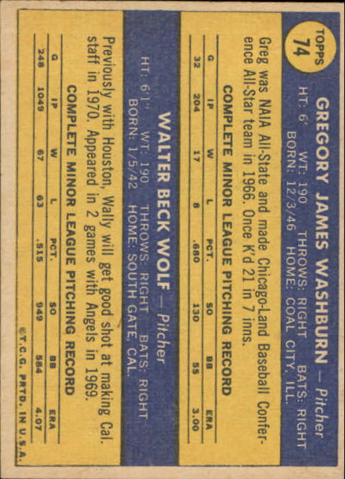 1970 Topps #74 Rookie Stars/Greg Washburn RC/Wally Wolf back image