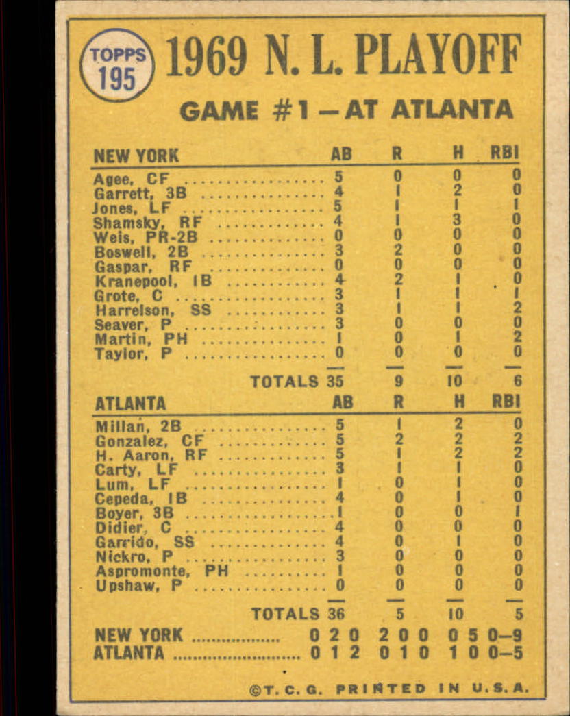 1970 Topps #195 NL Playoff Game 1/Tom Seaver back image
