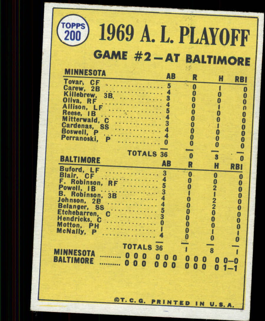 1970 Topps #200 AL Playoff Game 2/Boog Powell/Scoring over George Mitterwald back image