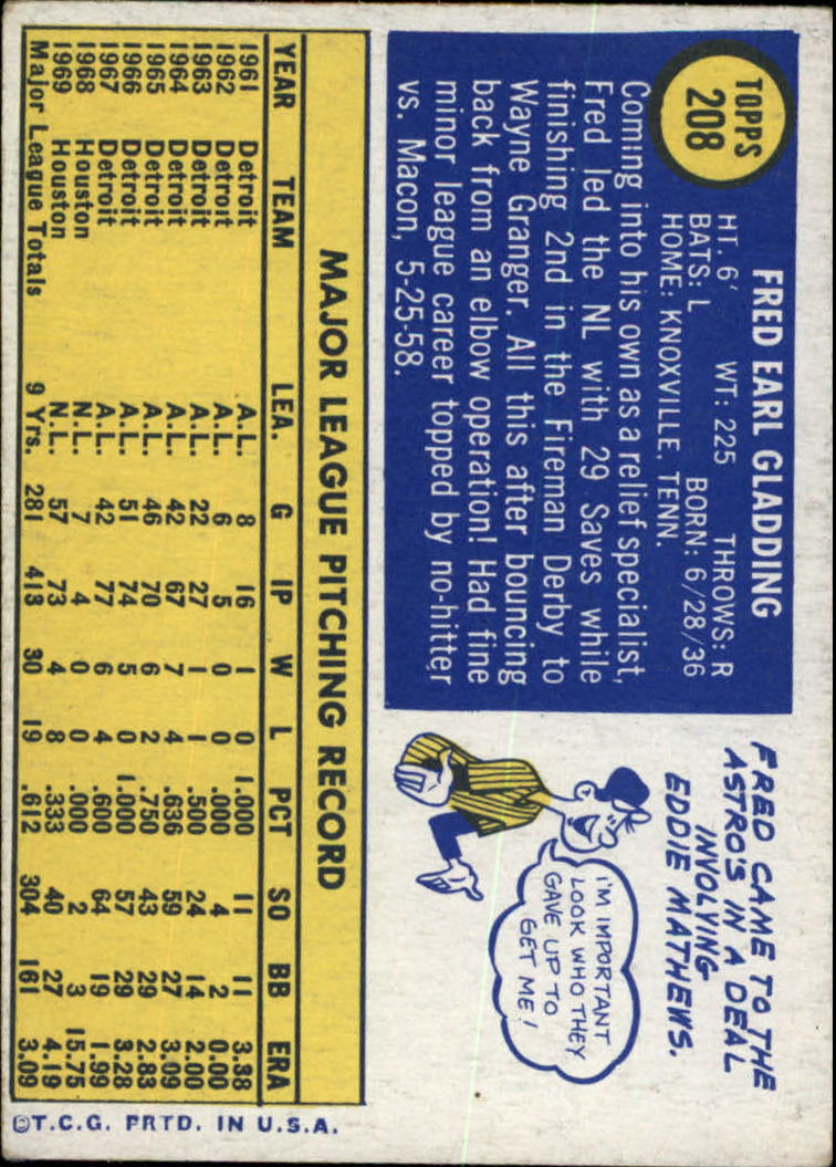 1970 Topps #208 Fred Gladding back image