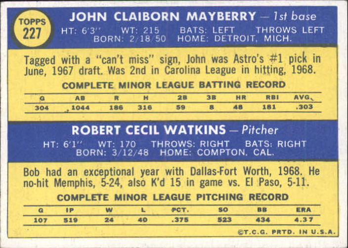 1970 Topps #227 Rookie Stars/John Mayberry RC/Bob Watkins RC back image