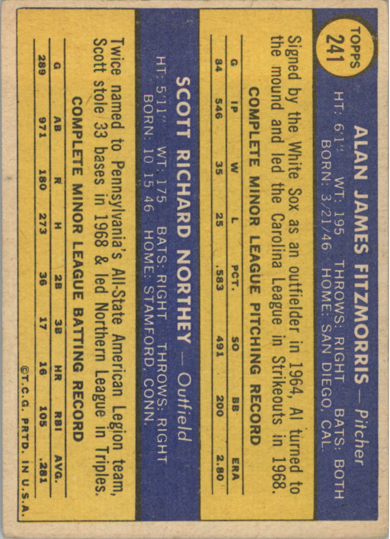 1970 Topps #241 Rookie Stars/Al Fitzmorris RC/Scott Northey RC back image