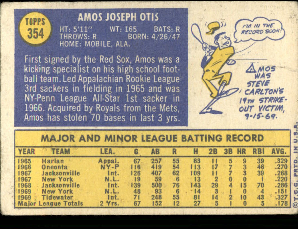 1970 Topps #354 Amos Otis back image