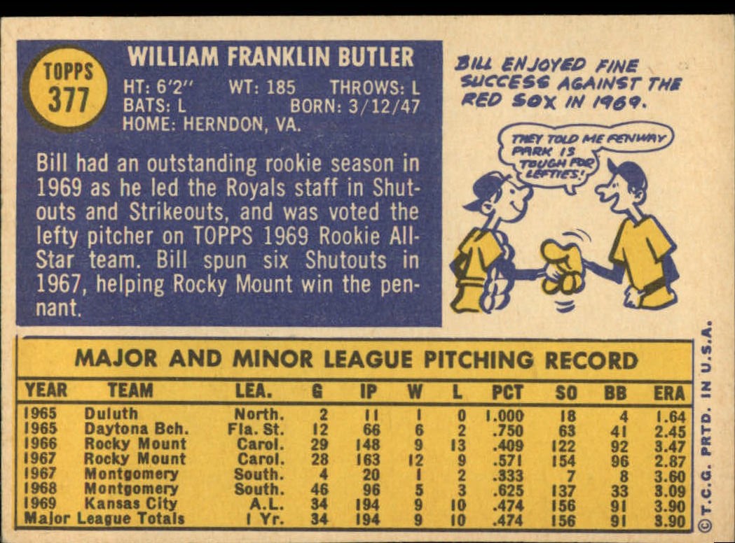 1970 Topps #377 Bill Butler back image