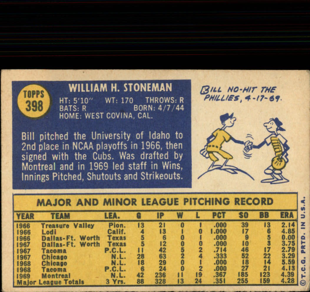 1970 Topps #398 Bill Stoneman back image