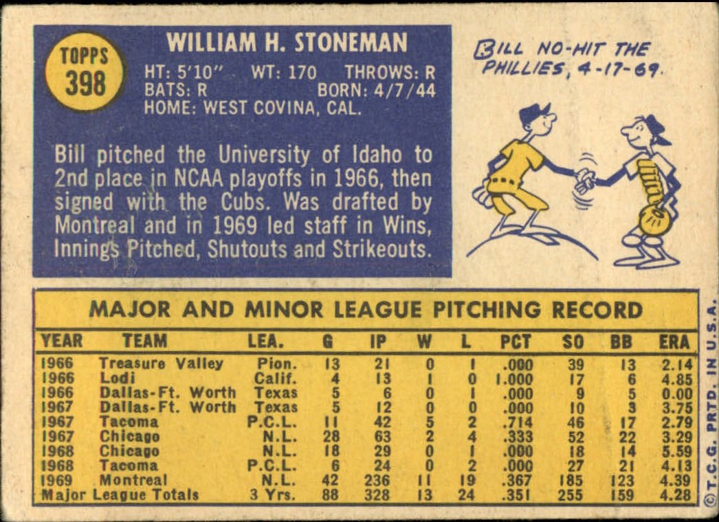 1970 Topps #398 Bill Stoneman back image