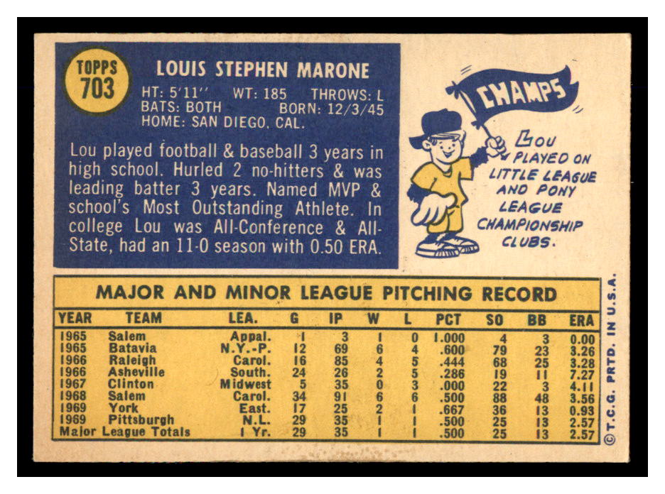 1970 Topps #703 Lou Marone RC back image