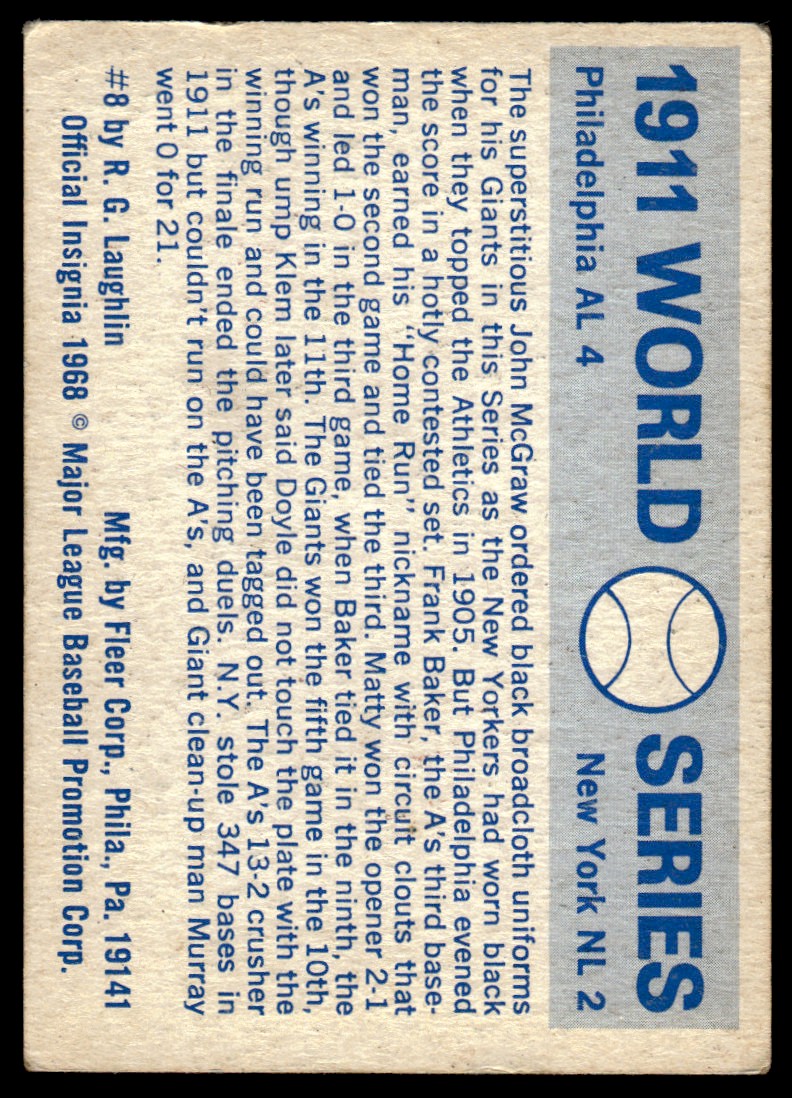 1970 Fleer Laughlin World Series Blue Backs #8 1911 A's/Giants/(John McGraw) back image