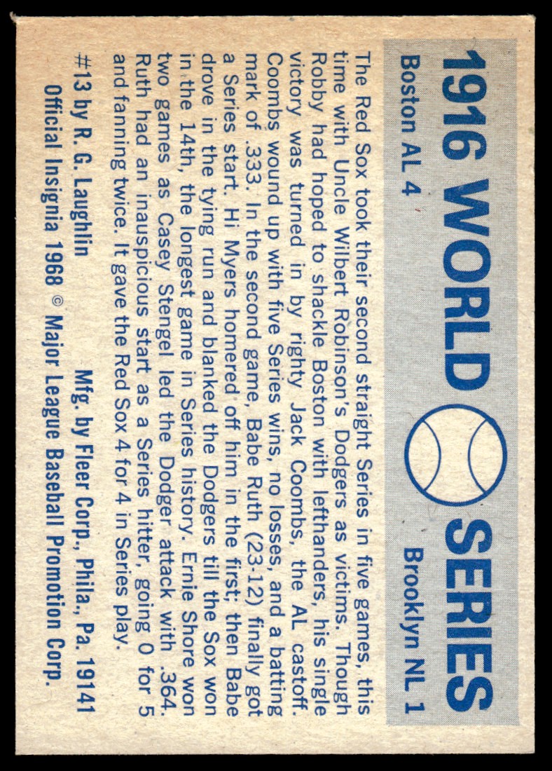 1970 Fleer Laughlin World Series Blue Backs #13 1916 Red Sox/Dodgers/(Babe Ruth) back image