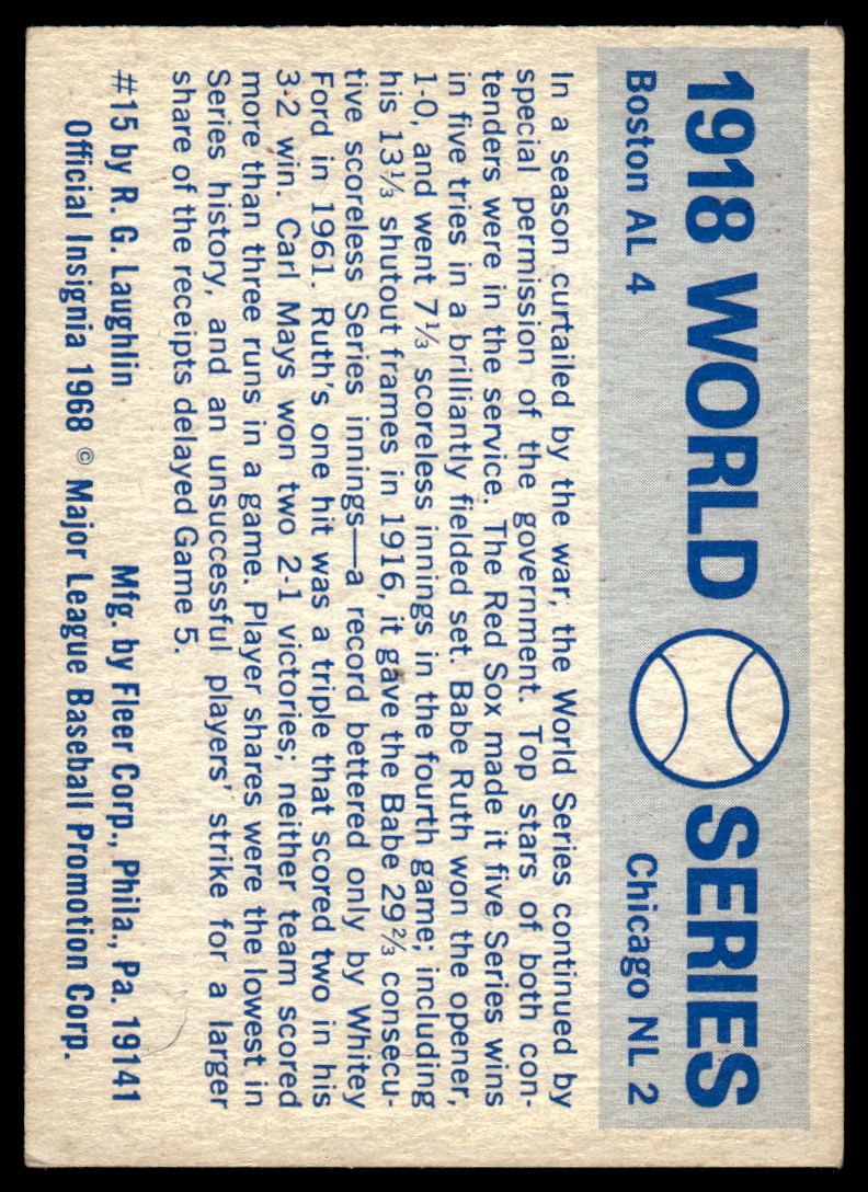 1970 Fleer Laughlin World Series Blue Backs #15 1918 Red Sox/Cubs back image