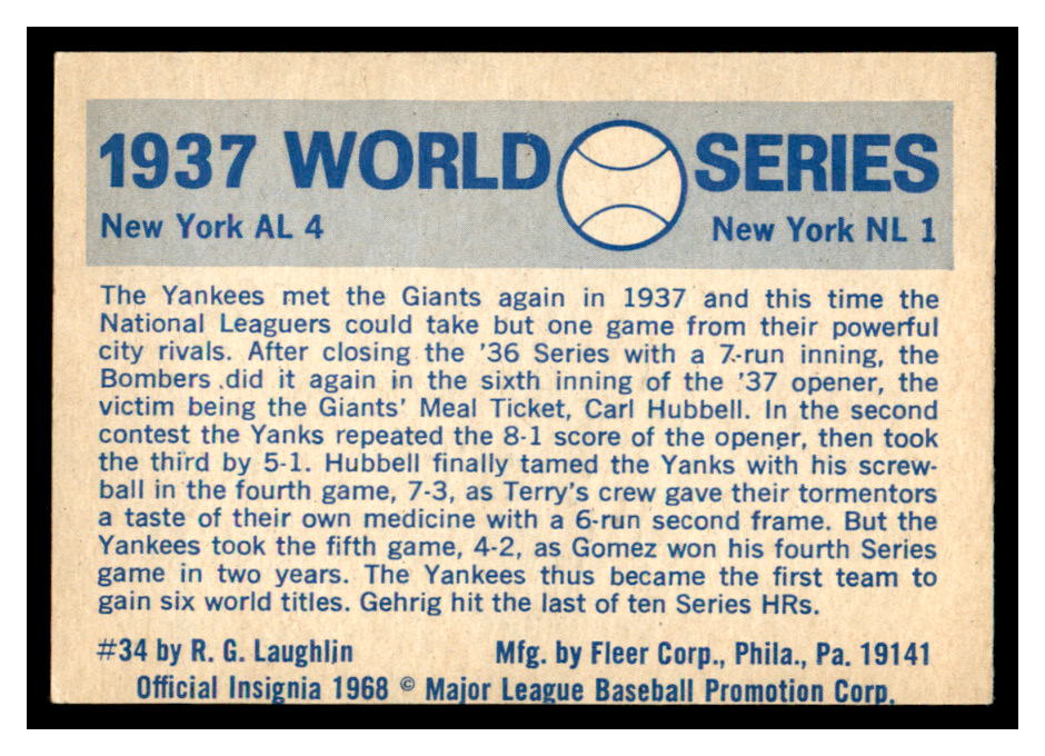 1970 Fleer Laughlin World Series Blue Backs #34 1937 Yankees/Giants/(Carl Hubbell) back image