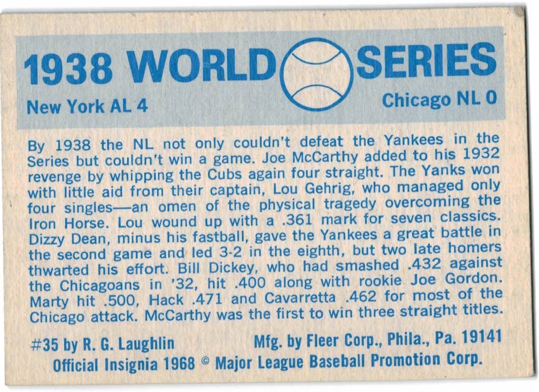 1970 Fleer Laughlin World Series Blue Backs #35 1938 Yankees/Cubs/(Lou Gehrig) back image