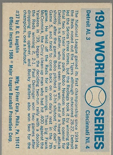 1970 Fleer Laughlin World Series Blue Backs #37 1940 Reds/Tigers back image