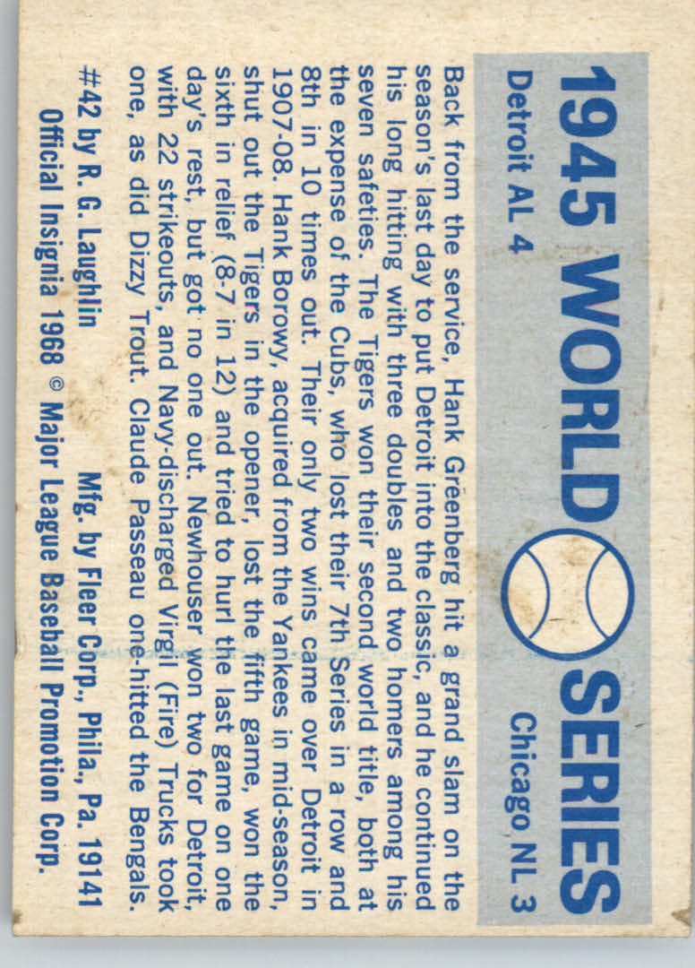 1970 Fleer Laughlin World Series Blue Backs #42 1945 Tigers/Cubs/(Hank Greenberg) back image