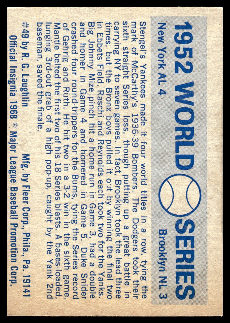 1970 Fleer Laughlin World Series Blue Backs #49 1952 Yankees/Dodgers/(Johnny Mize/and Duke Snide back image