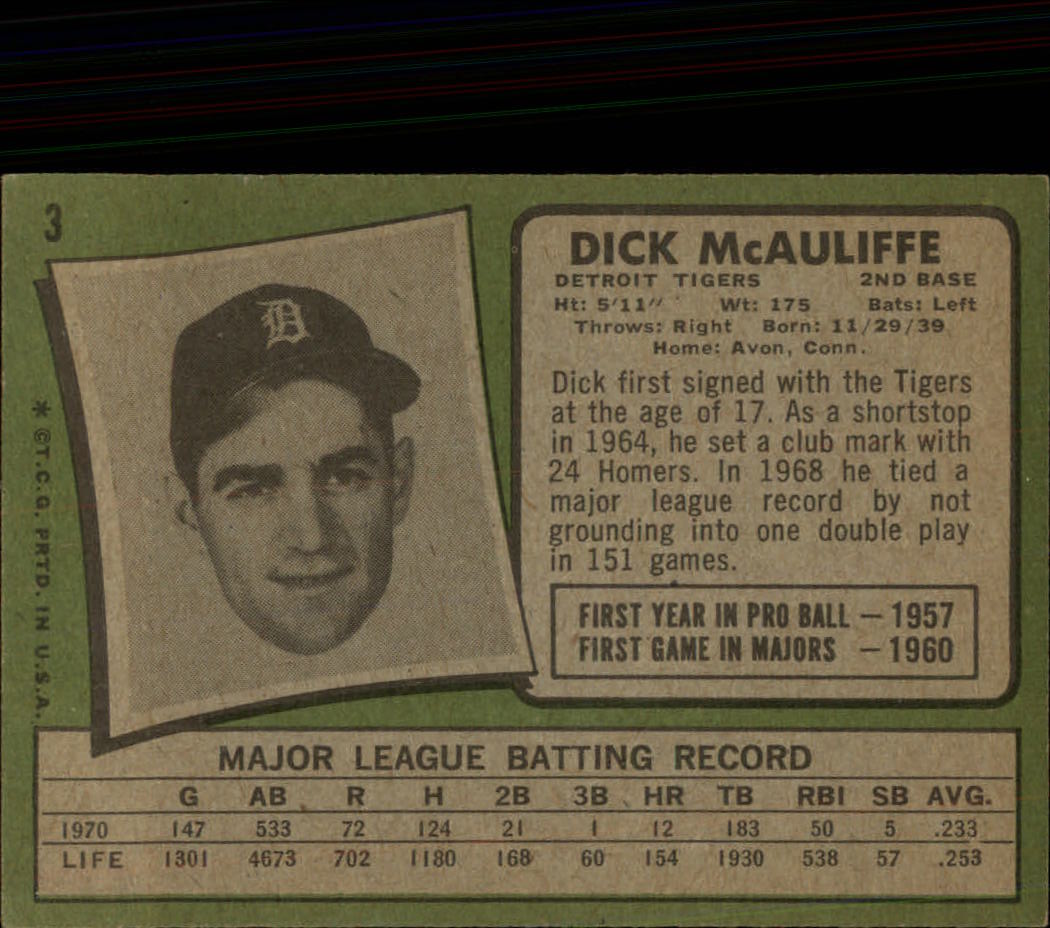 1971 Topps #3 Dick McAuliffe back image