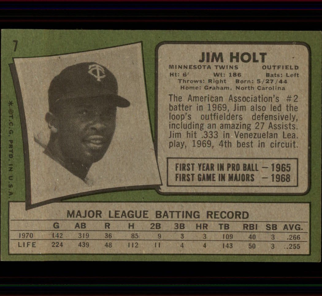 1971 Topps #7 Jim Holt RC back image