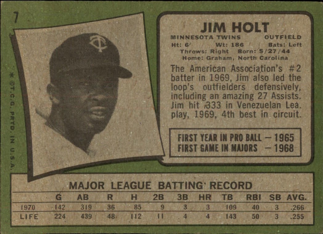 1971 Topps #7 Jim Holt RC back image
